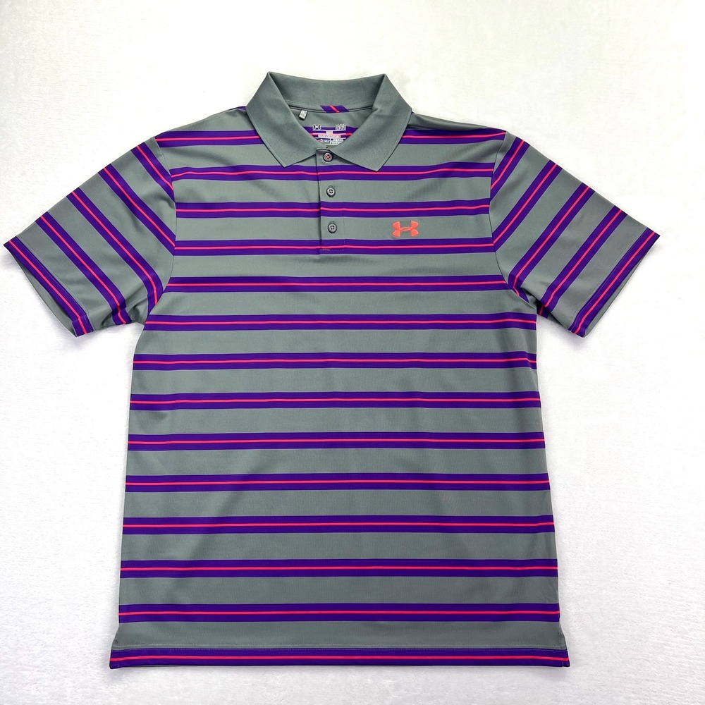 Under Armour Polo Mens Large Grey Purple Striped HeatGear Loose Fit Golf Shirt